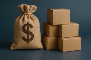 Global inventory system. Sack of money alongside stacked cardboard boxes on a dark background.