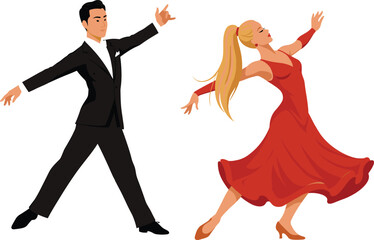 Cartoon Dance Icons Featuring Elegant Couple in Red Dress and Black Suit, Ballroom Pose, Movement Theme, Performance Mood, and Style