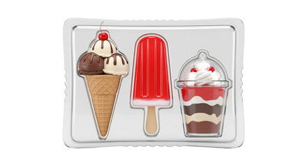 Tray of ice cream cone, pop and sundae