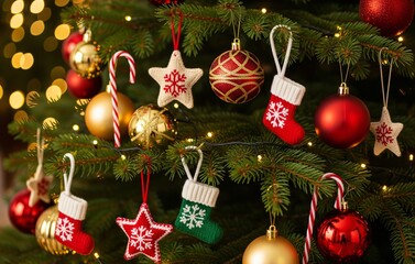 A close-up of a Christmas tree branch decorated with warm red and gold baubles, knitted ornaments, candy canes, soft glowing fairy lights, and blurred cozy background