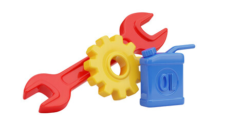 Wrench, gear, and oil can still life