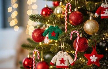 A close-up of a warm festive Christmas tree branch with red and gold baubles, knitted ornaments, candy canes, glowing fairy lights, and blurred cozy background