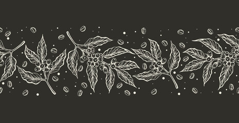 Coffee sketch seamless pattern. Abstract strip repeat on black background. 