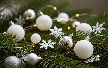 A macro view of a minimal Christmas branch with white and silver baubles, delicate ornaments, soft glowing lights, and pine needles in sharp focus against a blurred background