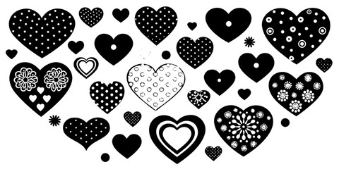 Vector art of a collection of black hearts with various patterns and designs, including polka dots, floral motifs, and geometric shapes, isolated on a