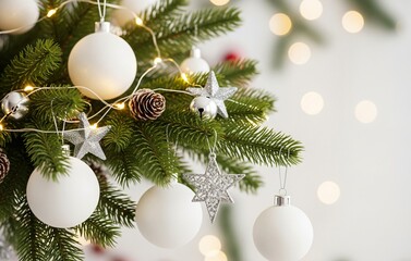 A close-up of a modern minimal Christmas branch with matte white baubles, silver ornaments, glowing fairy lights, and pine needles sharp under a soft bokeh background