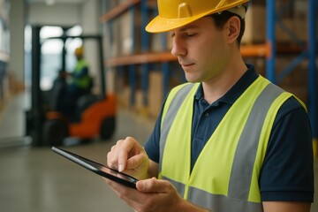 Global inventory system. A warehouse worker in a safety vest and helmet uses a tablet for inventory management.