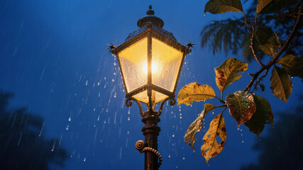 Rainy Night Streetlight with Hazy Light and Shadow for a Cinematic Atmosphere Background