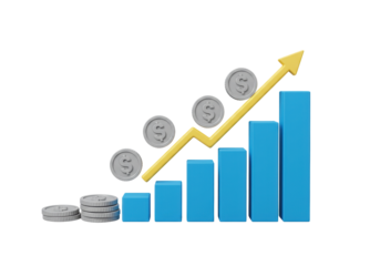 Isolated conceptual illustration of a blue bar chart with arrow showing progress upwards
