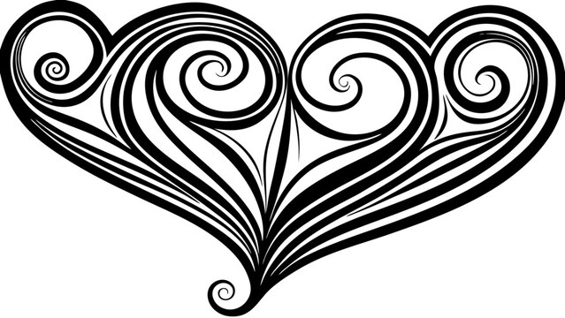 Vector art of elegant black ornate heart shape with swirling decorative elements, , symbolizing love and romance in a stylized artistic design