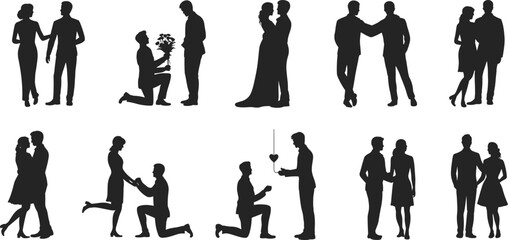 Romantic couple silhouettes proposing, hugging, walking, holding hands, love and relationships, wedding moment, proposal pose, emotional connection, affection