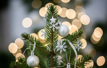 A close-up of a minimal Christmas tree branch with white baubles, silver ornaments, delicate ribbons, and soft glowing fairy lights under a blurred soft bokeh