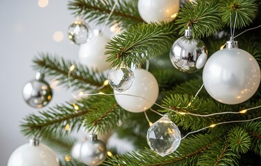 A close-up of a modern minimal Christmas tree branch with white and silver ornaments, crystal baubles, soft glowing fairy lights, pine needles in focus, blurred soft bokeh