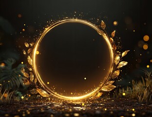 Golden circle frame, glowing leaves, dark background