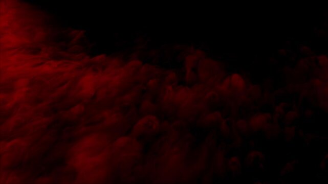 Billowing clouds of thick red smoke or fog move slowly across frame. Atmospheric abstract background for mystery, horror, or dramatic concepts. Seamless loop, isolated on black