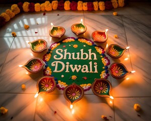 Illuminated shubh diwali centerpiece surrounded by traditional clay diyas and festive string lights on a marble floor during the hindu festival of lights