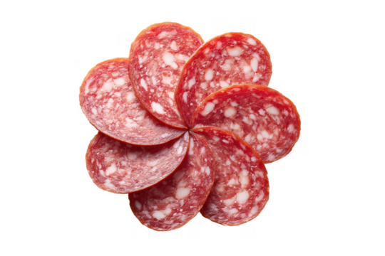 Sliced salami arranged in a floral pattern against a transparent background isolated view