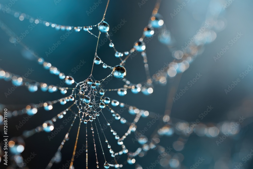 Wall mural a close-up shot of a glistening spider web covered in water droplets. the intricate structure of the