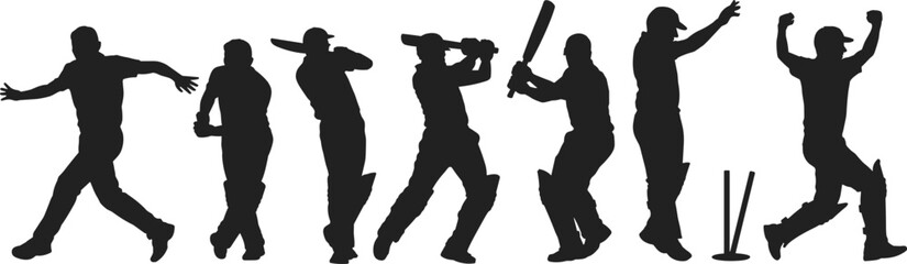 Silhouette of cricket players in action, batting, bowling, fielding, celebrating, sportsmen in motion, cricket match pose, vector illustration.