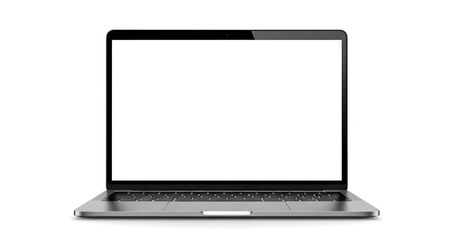 Isolated silver laptop with blank white screen on a white background in a front facing perspective