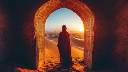 Desert Oasis, Ancient Archway, Red Robe Figure, Sunrise