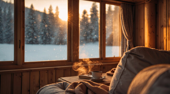 snowy winter morning in cozy wooden cabin with hot drink bed pillows and panoramic window view of frozen pine forest holiday scene winter interior design aesthetic wallpaper background