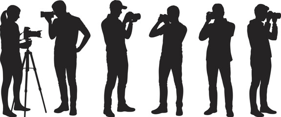 Silhouette of photographers using cameras, camera on tripod, photography scene, taking pictures, digital camera, professional shoot, teamwork setup
