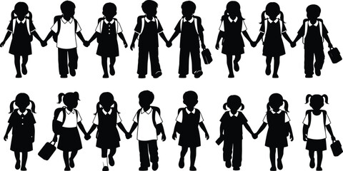 Silhouette of school children walking hand in hand, education concept, back to school vector, students friendship, teamwork, learning journey.