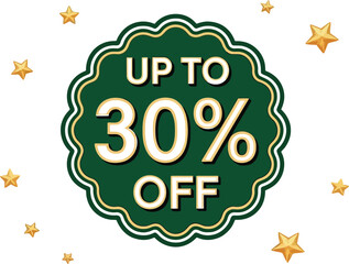 Green scalloped badge announcing up to 30% off with golden stars scattered around