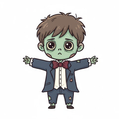 A cute cartoon zombie boy in a tattered formal suit with a red bowtie, an adorable and spooky character illustration perfect for Halloween events