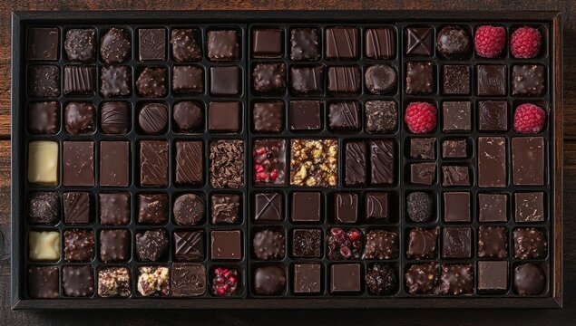 Assorted chocolate box with various pralines, truffles, and fresh raspberries on a dark wooden background. - Powered by Adobe