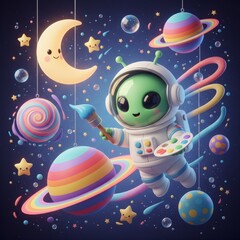 A cute alien astronaut paints a whimsical cosmos