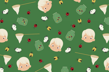 Boy Face With Butterflies And Ladybugs Seamless Pattern Swatch Available In Swatches Panel, Cute Bug Catching Kids Design