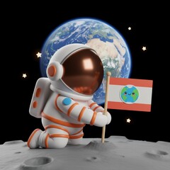A cute astronaut plants a flag on the moon with Earth visible in the background