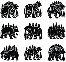Nine black silhouette illustrations of bears in forest settings with detailed fur and pine trees on a white background