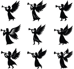 Nine black silhouette illustrations of angels playing trumpets with large feathered wings on a white background
