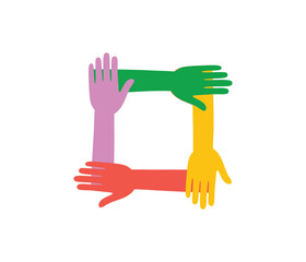 Diverse hands forming a square. Symbolizing global unity, equality, and multicultural collaboration. Social awareness, inclusivity, human rights, and international solidarity.