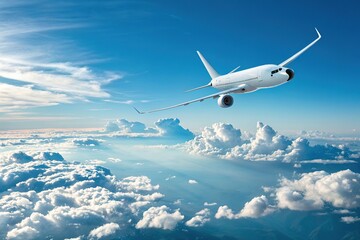 Obraz premium Airplane soaring above fluffy clouds under a bright blue sky, capturing a serene travel experience