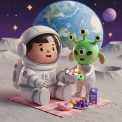 An astronaut and a three eyed alien enjoy a picnic on the moon with Earth in the background