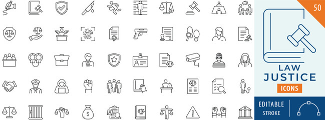 Law and justice icon collection set. Editable stroke.
