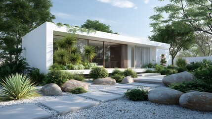 A stunning new white residential building with a front porch and a lawn in a garden with white flowers