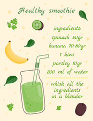 Healthy smoothie recipe. Banana, spinach, parsley.