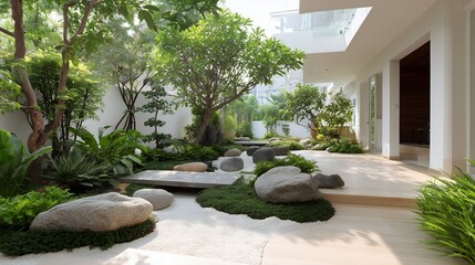 A sunny summer garden landscape of grass and trees with a stone path leading to a house