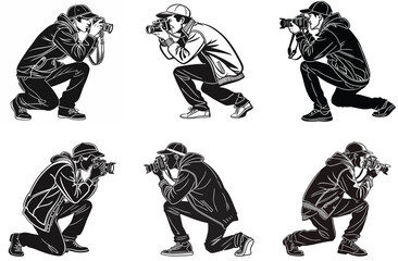 Six black and white illustrations of photographers crouching with cameras Keywords: photographer, photography, camera, crouching, kneeling, action, profession, hobby, media