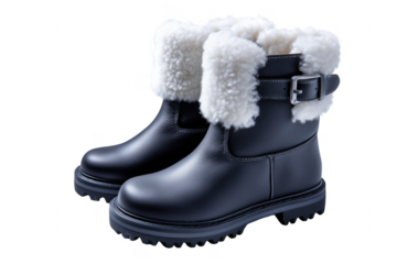 Stylish black winter boots with fluffy white fur trim against dark transparent background