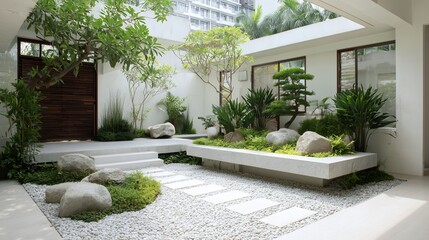 A luxurious modern living room with a large window view of the tranquil exterior garden and sleek house architecture