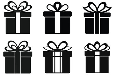 Six Black Silhouette Gift Boxes With Ribbons And Bows On White Background present surprise
