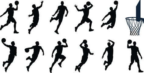 Silhouettes of basketball players jumping, dribbling, shooting, dunking, in action, with basketball hoop, athletic movement, sport, teamwork, energy, fitness