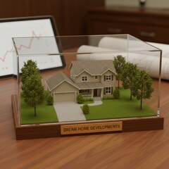 Miniature suburban house model with garage, trees, and lawn, real estate concept