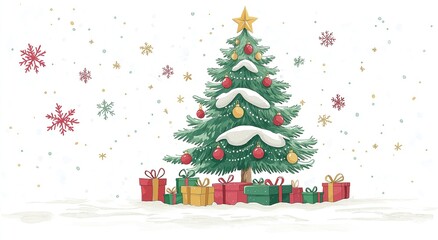 Watercolor Illustration of Christmas Scene with Snowy Tree, Red Gold Baubles and Colorful Gift Boxes on White Background